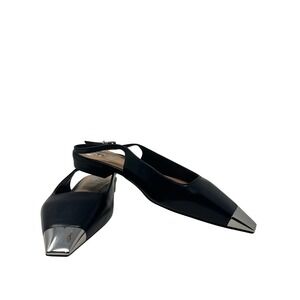 Vince Camuto Black Leather Cap Toe‎ Slingback Flats Silver Metal Pointed Toe 7M
